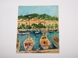 painting of boats in a harbor with a town in the background