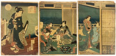 four panels of a painting of a woman in a kimono