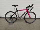 un vélo rose garé devant la porte d'un garage
