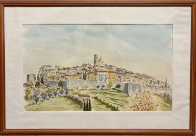 peinture d'une vue d'une ville avec une tour d'horloge au loin