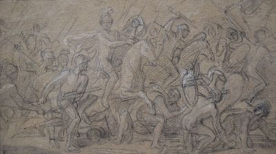 dessin représentant un groupe d'hommes à cheval dans un champ