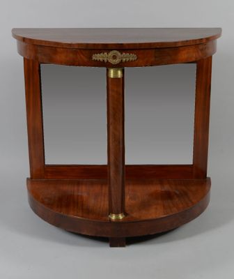 a small wooden table with a metal handle on top