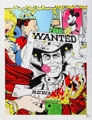 une image d'une affiche représentant un homme coiffé d'un chapeau de cow-boy et tenant une pancarte sur laquelle on peut lire « recherché »