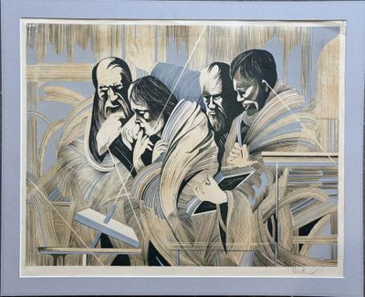 Scientifiques en réflexion, lithographie signée en bas à dro…