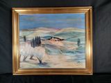 an oil painting of a landscape with trees and hills in a gold frame