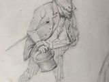 pencil drawing of a man with a goat on his back
