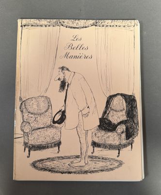 an old book with a drawing of a man standing in a living room