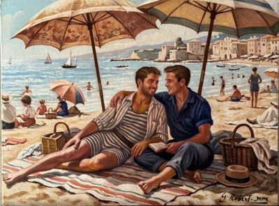 deux hommes assis sur la plage sous des parasols