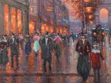 a painting of a crowd of people walking down the street