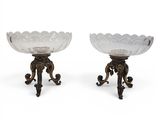 pair of antique brass and glass footed bowls on stands