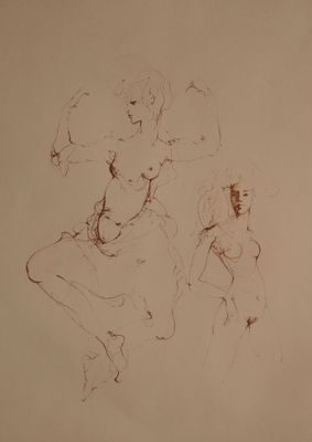 sketches of a woman and a man sitting on a bed