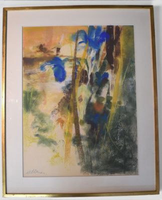 painting of blue flowers in a gold frame hanging on a wall