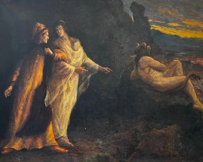 une peinture à l'huile représentant une femme debout à côté d'un homme dans une grotte