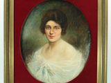 portrait of a woman in a white dress in a gold frame