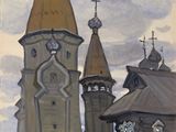 un tableau représentant une femme assise sur un banc devant une église
