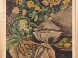 une image représentant un tableau où l'on voit un vase avec des fleurs et des fruits posé sur une table