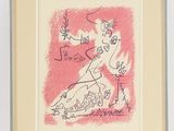 framed and matted lithographic print of a woman in a pink dress