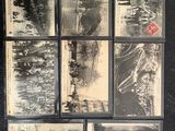 several old japanese photographs of a man and a woman on a bridge