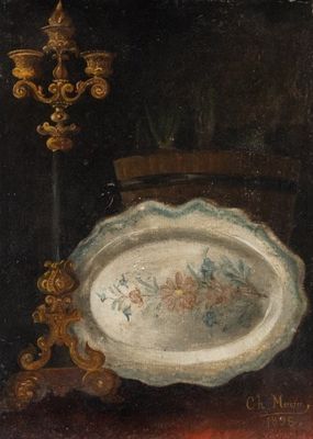 painting of a plate with flowers on it sitting on a table next to a candle