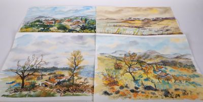 four watercolor paintings of a landscape with trees, bushes, and mountains