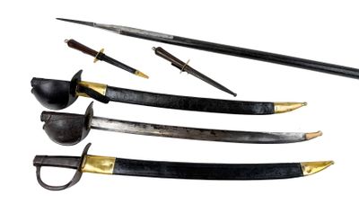 several different types of weapons are displayed on a white surface