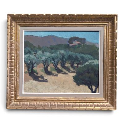 an oil painting of olive trees in a field with a house in the background