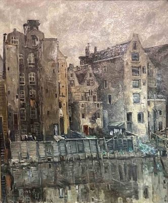 un tableau représentant une scène urbaine avec des bâtiments et un pont