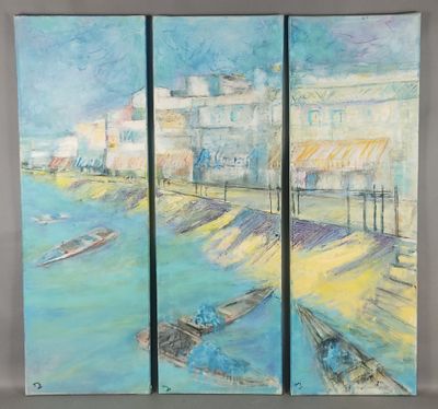 Jacqueline MORALES (XXème). 'Promenade au port', Triptyque, …