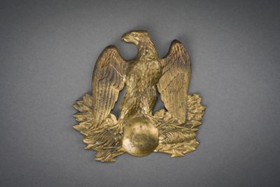 a gold eagle with a ball in its beak