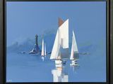 a painting of sailboats on the water with a lighthouse in the background