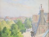 a painting of a dog that is standing on a ledge