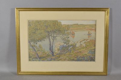 tableau représentant un voilier sur une rivière, avec des arbres au premier plan