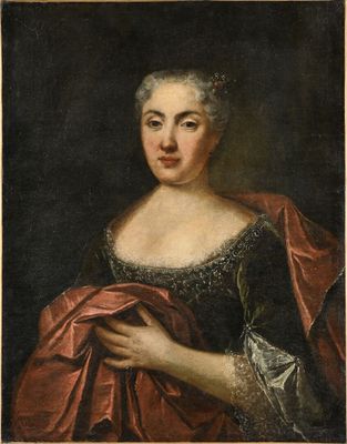 un tableau représentant une femme en robe rouge tenant un sac blanc