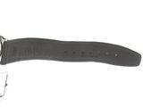 black leather watch strap with silver buckle on a white background