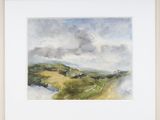 watercolor painting of a landscape with a river and a cloudy sky
