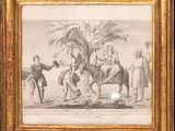 un dessin représentant un groupe de personnes à cheval près d'un palmier
