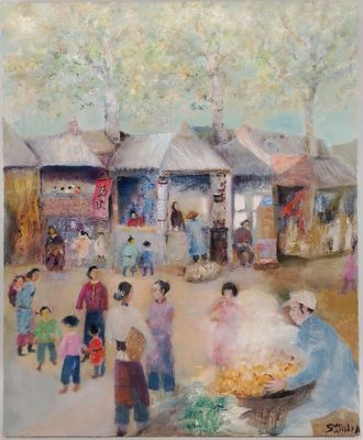 une peinture à l'huile représentant un groupe de personnes rassemblées autour d'un marché