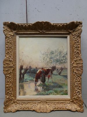 une photo d'un tableau représentant une vache dans un champ