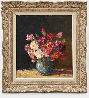 une peinture de fleurs dans un vase sur une table