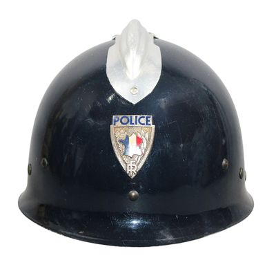 a police helmet that is on display on a white background