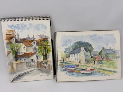 deux aquarelles représentant des maisons et des bateaux sur un fond blanc