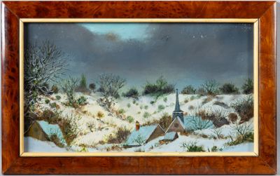 une image représentant un tableau d'un paysage enneigé avec une église en arrière-plan
