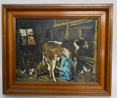 peinture d'une femme trayant une vache dans une étable