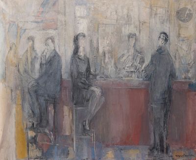 un tableau représentant un groupe de personnes assises dans un bar