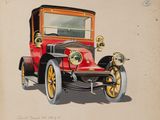 tableau représentant une vieille voiture rouge aux jantes jaunes sur un fond beige
