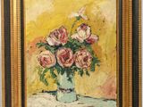 painting of flowers in a vase on a table with a yellow background