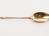 a silver spoon with a gold handle on a white surface
