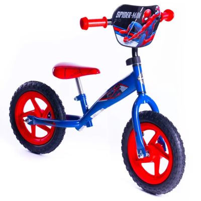vélo d'équilibre Spider-Man avec des roues rouges et une selle bleue