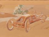 une image représentant une peinture d'une voiture de course roulant sur un chemin de terre
