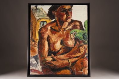 a painting of a woman holding broccoli in her hands